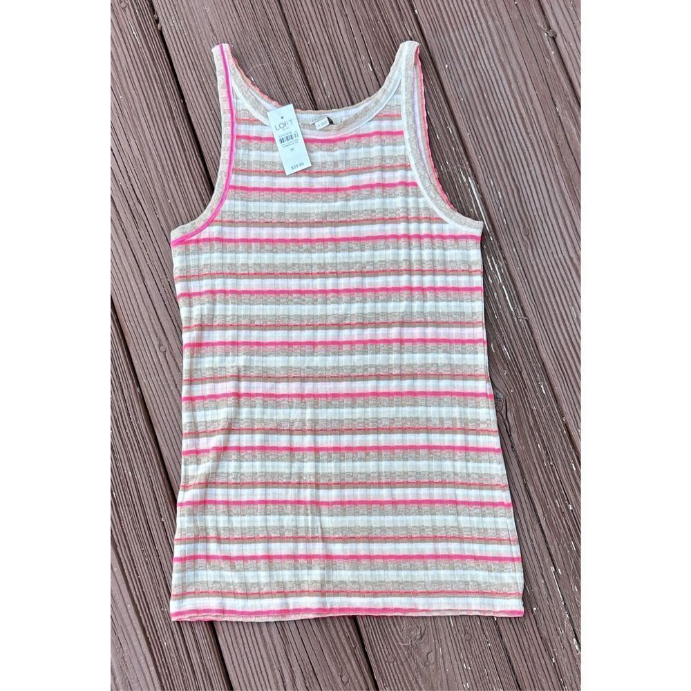 LOFT Outlet Striped Knit Tank Top Pink Beige Tan Size M NWT